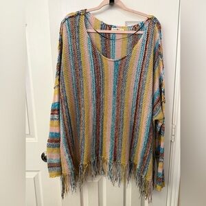 Natural Life Santa Fe Striped Knit Fringe Sweater Poncho Sz L/XLBoho Colorful